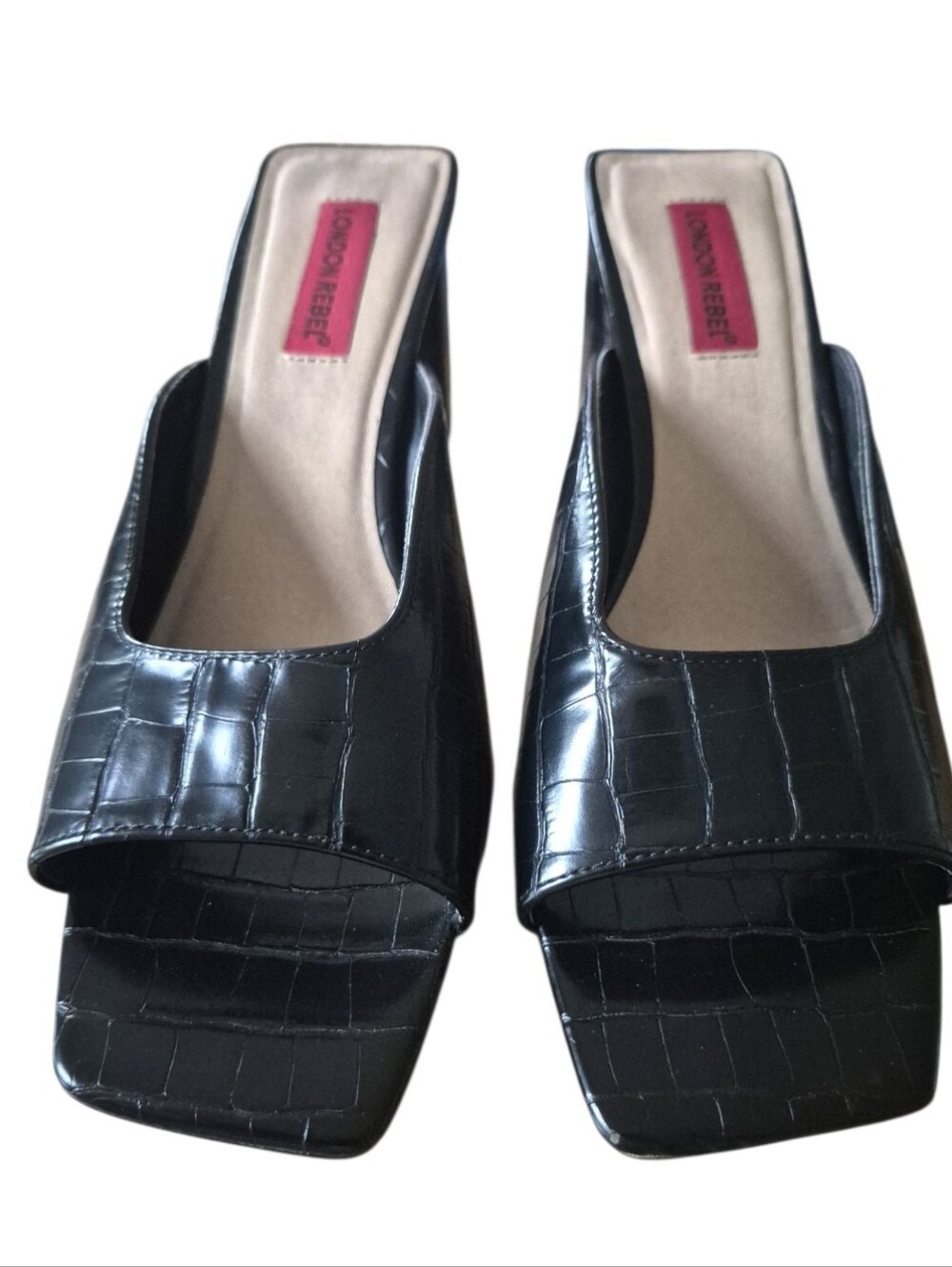 London Rebel Black Croc Embossed Square Toe Block Mule Sz 41 - Picture 3 of 6